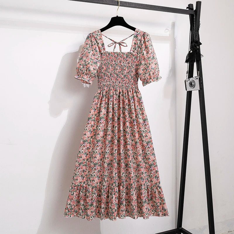Spring Summer Chiffon Dresses Fashion Female Elastic Waist Short Sleeve Pleated Casual Dress Women A-line Dresses Vestidos - flohmarkt-deutschland.shop