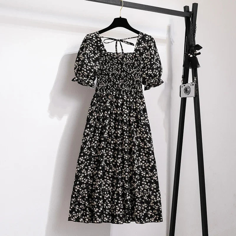 Spring Summer Chiffon Dresses Fashion Female Elastic Waist Short Sleeve Pleated Casual Dress Women A-line Dresses Vestidos - flohmarkt-deutschland.shop