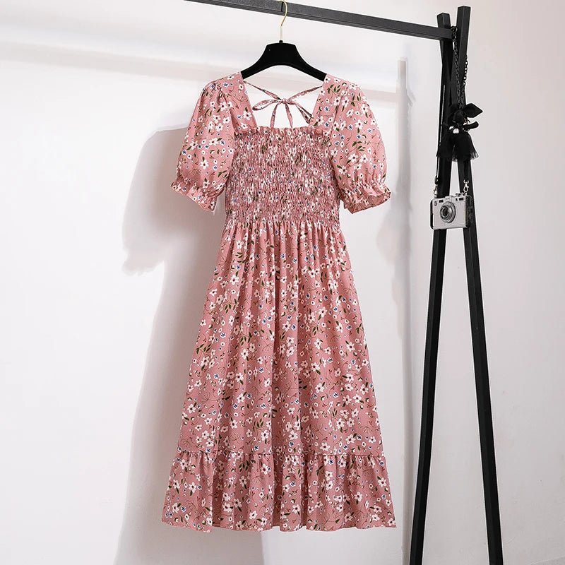 Spring Summer Chiffon Dresses Fashion Female Elastic Waist Short Sleeve Pleated Casual Dress Women A-line Dresses Vestidos - flohmarkt-deutschland.shop