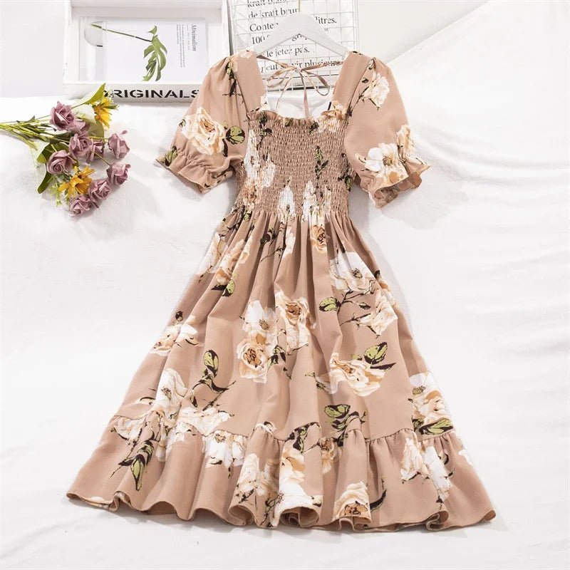 Spring Summer Chiffon Dresses Fashion Female Elastic Waist Short Sleeve Pleated Casual Dress Women A-line Dresses Vestidos - flohmarkt-deutschland.shop