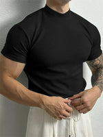 spring summer Elastic Comfortable Men's T-shirt Small high collar stripe shirt short sleeve fitness tops sports casual T-shirt - flohmarkt-deutschland.shop