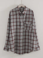 Streamgirl Übergroßes Kariertes Hemd für Damen, 2026, Frühling, lose Vintage-Langhemden, volle Ärmel, Damen, kariertes braunes, übergroßes Hemd, Blau - flohmarkt-deutschland.shop