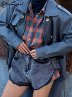 Streamgirl Übergroßes Kariertes Hemd für Damen, 2026, Frühling, lose Vintage-Langhemden, volle Ärmel, Damen, kariertes braunes, übergroßes Hemd, Blau - flohmarkt-deutschland.shop