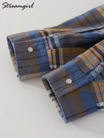 Streamgirl Übergroßes Kariertes Hemd für Damen, 2026, Frühling, lose Vintage-Langhemden, volle Ärmel, Damen, kariertes braunes, übergroßes Hemd, Blau - flohmarkt-deutschland.shop