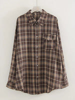 Streamgirl Übergroßes Kariertes Hemd für Damen, 2026, Frühling, lose Vintage-Langhemden, volle Ärmel, Damen, kariertes braunes, übergroßes Hemd, Blau - flohmarkt-deutschland.shop