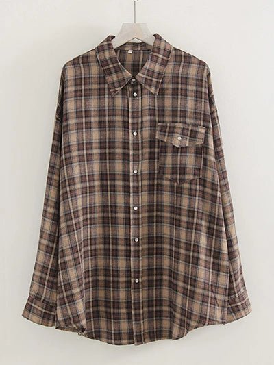 Streamgirl Übergroßes Kariertes Hemd für Damen, 2026, Frühling, lose Vintage-Langhemden, volle Ärmel, Damen, kariertes braunes, übergroßes Hemd, Blau - flohmarkt-deutschland.shop