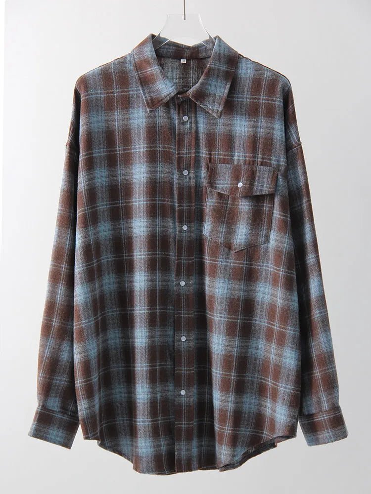 Streamgirl Übergroßes Kariertes Hemd für Damen, 2026, Frühling, lose Vintage-Langhemden, volle Ärmel, Damen, kariertes braunes, übergroßes Hemd, Blau - flohmarkt-deutschland.shop