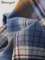 Streamgirl Übergroßes Kariertes Hemd für Damen, 2026, Frühling, lose Vintage-Langhemden, volle Ärmel, Damen, kariertes braunes, übergroßes Hemd, Blau - flohmarkt-deutschland.shop