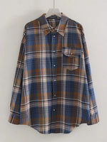 Streamgirl Übergroßes Kariertes Hemd für Damen, 2026, Frühling, lose Vintage-Langhemden, volle Ärmel, Damen, kariertes braunes, übergroßes Hemd, Blau - flohmarkt-deutschland.shop
