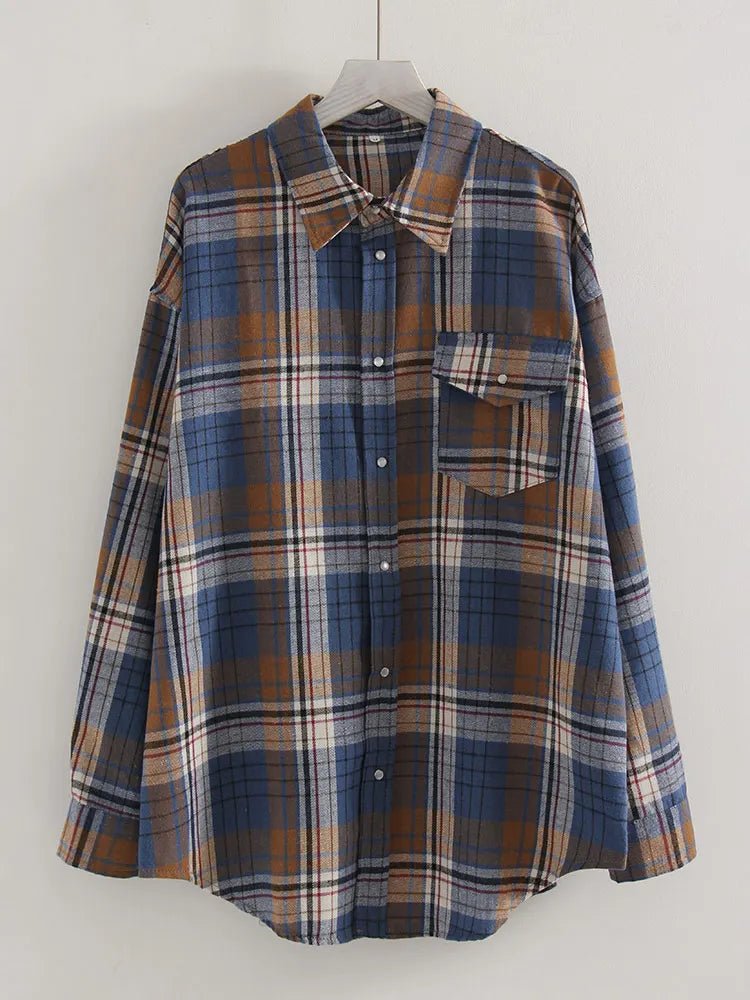 Streamgirl Übergroßes Kariertes Hemd für Damen, 2026, Frühling, lose Vintage-Langhemden, volle Ärmel, Damen, kariertes braunes, übergroßes Hemd, Blau - flohmarkt-deutschland.shop