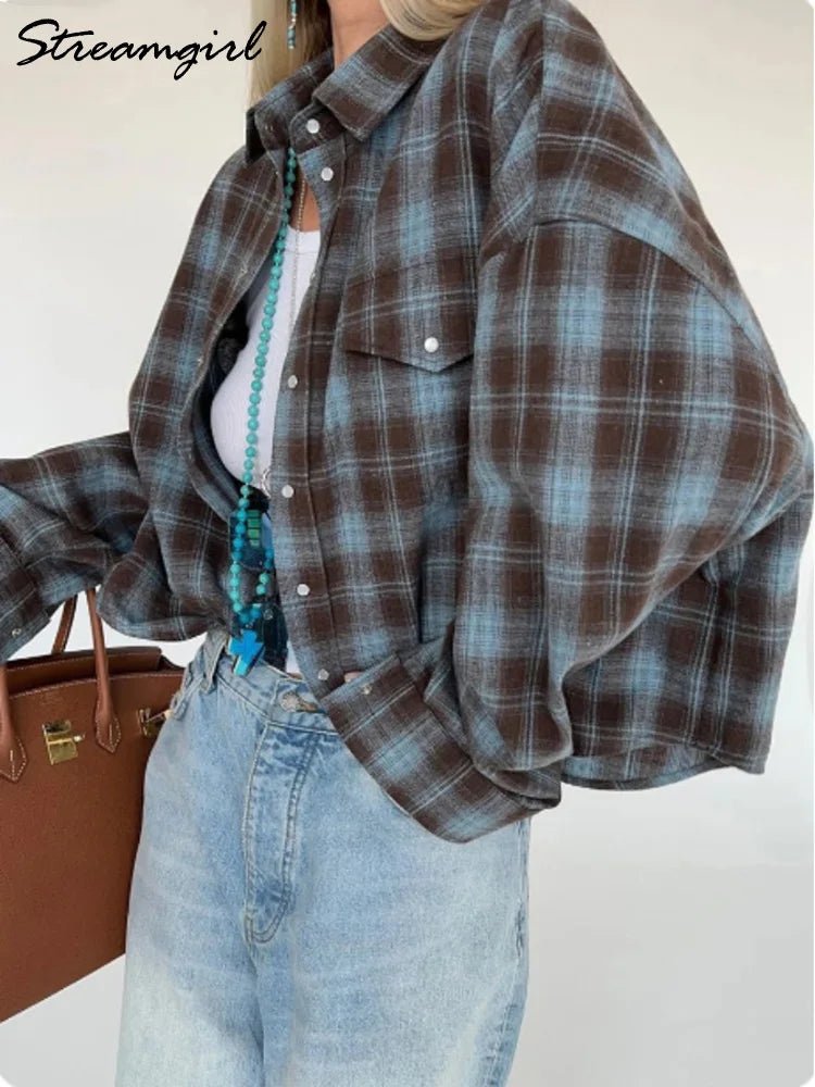 Streamgirl Übergroßes Kariertes Hemd für Damen, 2026, Frühling, lose Vintage-Langhemden, volle Ärmel, Damen, kariertes braunes, übergroßes Hemd, Blau - flohmarkt-deutschland.shop