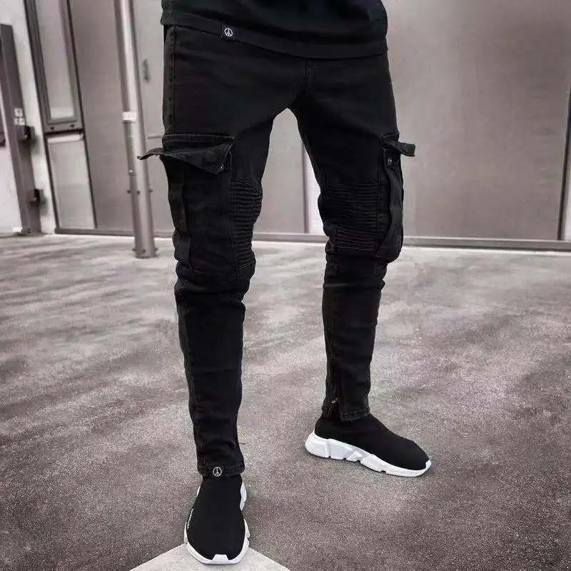 Stretch Jeans for Men Black Big Side Pockets Cargo Male Jeans Fashion Zipper Small Foot Denim Pants Elastic Jogging Trousers - flohmarkt-deutschland.shop