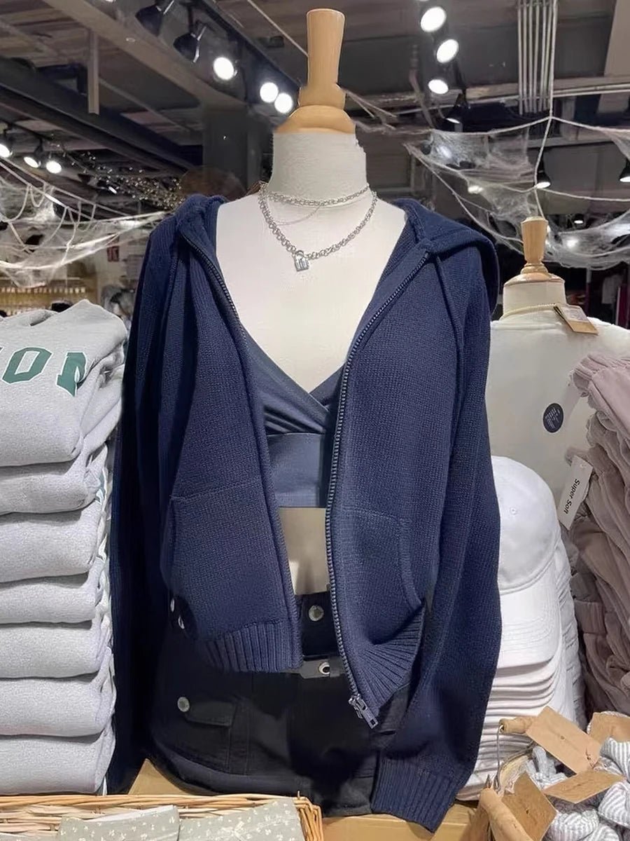 Striped Knitted Cropped Sweater Cardigan Women Autumn Long Sleeve Hooded Zipper Short Streetwear Knitwear Sweaters Y2K Crop Tops - flohmarkt-deutschland.shop
