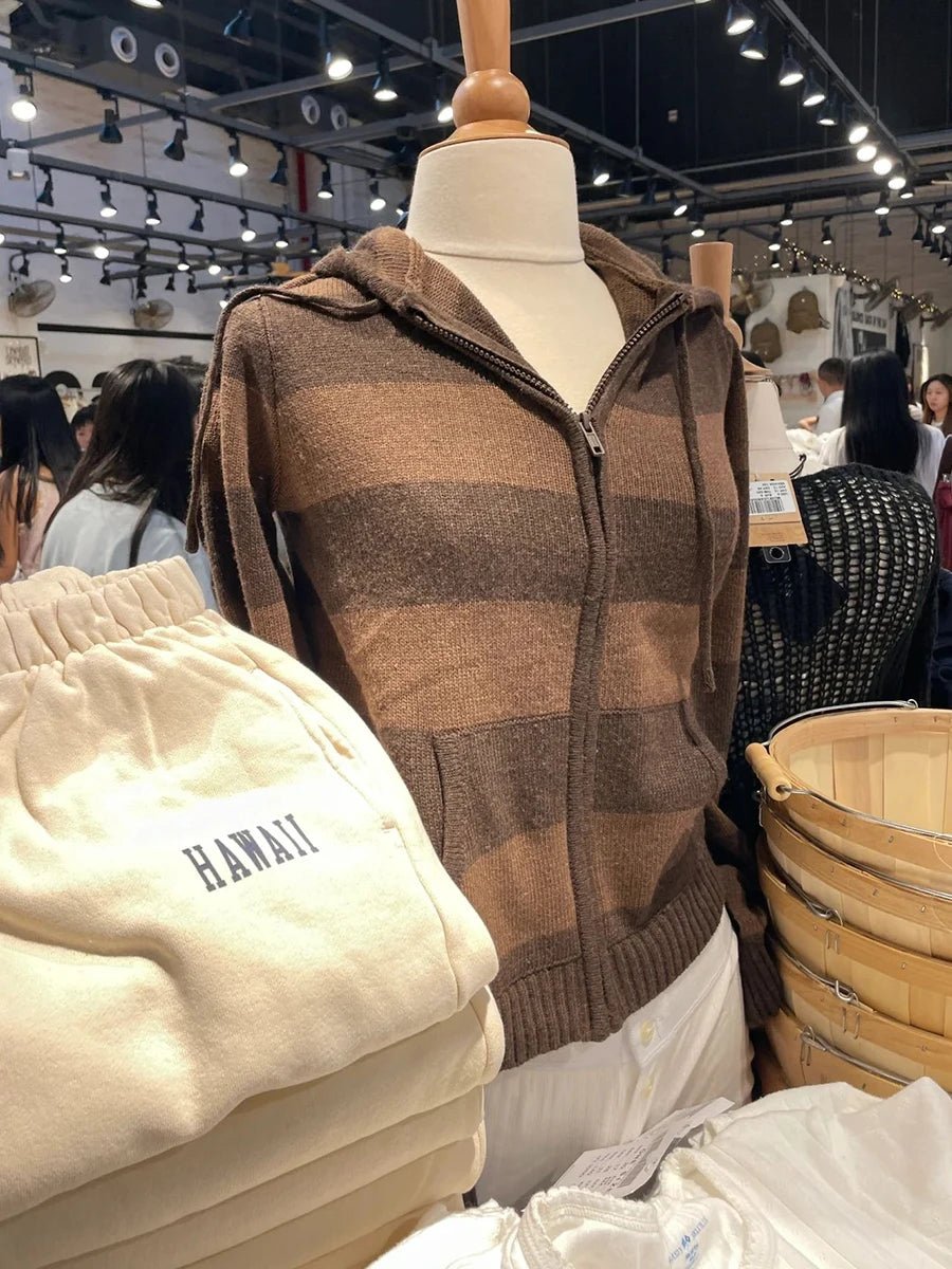 Striped Knitted Cropped Sweater Cardigan Women Autumn Long Sleeve Hooded Zipper Short Streetwear Knitwear Sweaters Y2K Crop Tops - flohmarkt-deutschland.shop