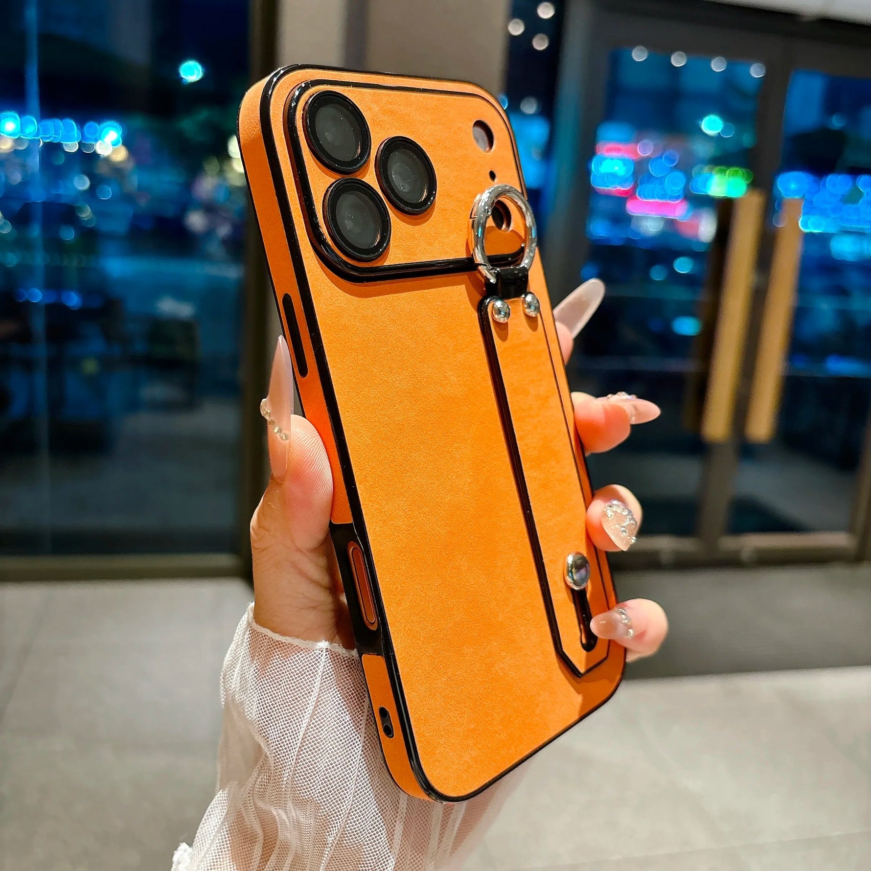 Suede Leather Wrist Strap Holder Phone Case for iPhone 17 16 15 14 13 Plus Pro Max Large Window Camera Protection Bumper Cover - flohmarkt-deutschland.shop