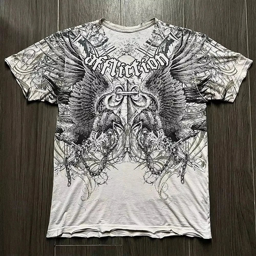 Summer European and American fashion men's breathable and comfortable round neck T-shirt wing cross print outdoor top - flohmarkt-deutschland.shop
