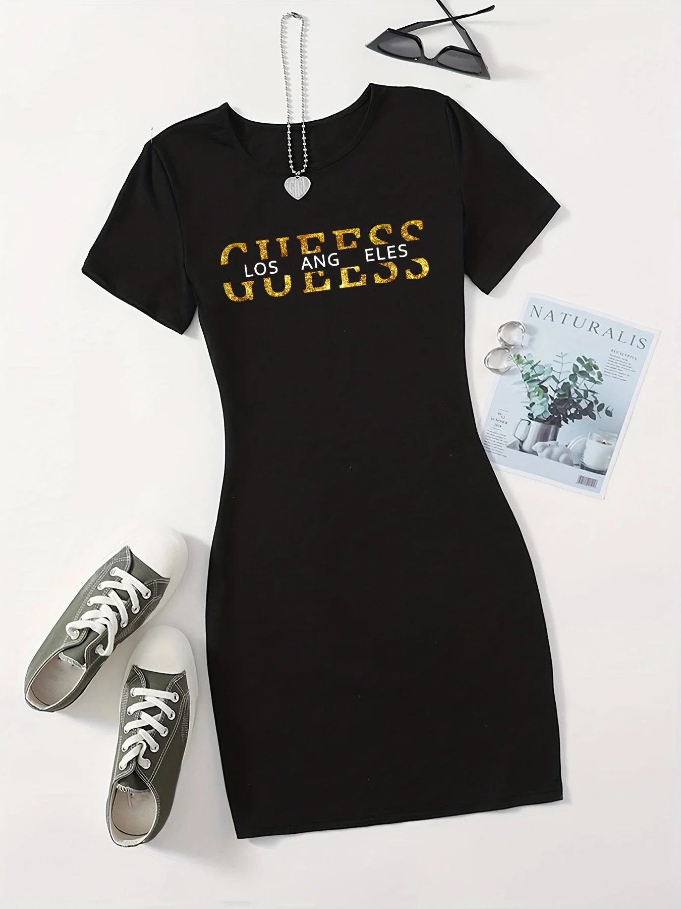Summer Ladies GUEESS Los Angeles Printed Casual Sexy Slim Fit Hip hugging Short Sleeve Round Neck T-shirt Short Mini Skirt - flohmarkt-deutschland.shop