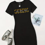 Summer Ladies GUEESS Los Angeles Printed Casual Sexy Slim Fit Hip hugging Short Sleeve Round Neck T-shirt Short Mini Skirt - flohmarkt-deutschland.shop