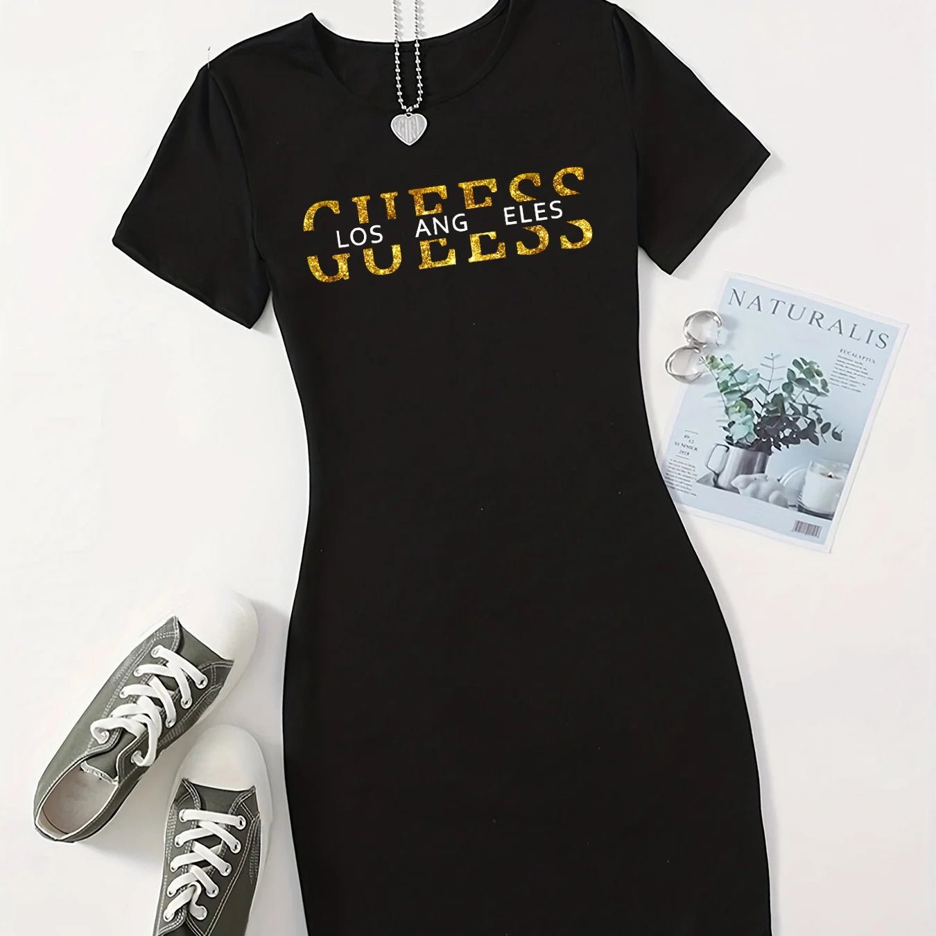 Summer Ladies GUEESS Los Angeles Printed Casual Sexy Slim Fit Hip hugging Short Sleeve Round Neck T-shirt Short Mini Skirt - flohmarkt-deutschland.shop