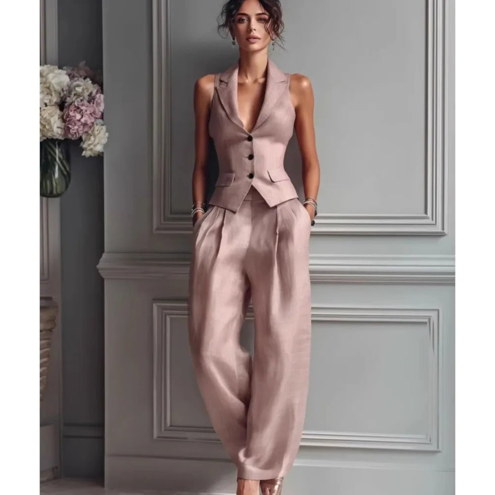 Summer New Fashion Single-breasted Sleeveless Top + Trousers 2-piece Set Women's 2026 Slim Vest Suit Collar Trousers Office Suit - flohmarkt-deutschland.shop