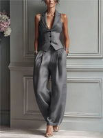 Summer New Fashion Single-breasted Sleeveless Top + Trousers 2-piece Set Women's 2026 Slim Vest Suit Collar Trousers Office Suit - flohmarkt-deutschland.shop