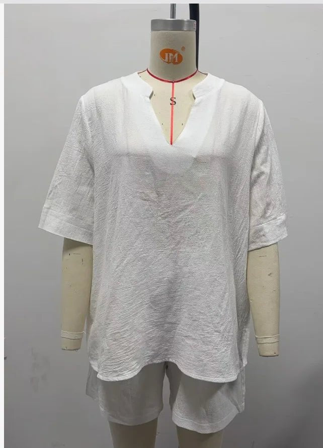 Summer New Linen Blend Two Piece Set For Women V Neck Half Sleeve Top Elastic Waist Shorts Casual Loungewear Vacation Outfit - flohmarkt-deutschland.shop