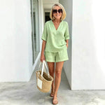 Summer New Linen Blend Two Piece Set For Women V Neck Half Sleeve Top Elastic Waist Shorts Casual Loungewear Vacation Outfit - flohmarkt-deutschland.shop