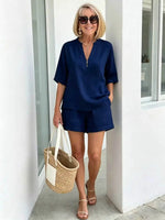 Summer New Linen Blend Two Piece Set For Women V Neck Half Sleeve Top Elastic Waist Shorts Casual Loungewear Vacation Outfit - flohmarkt-deutschland.shop