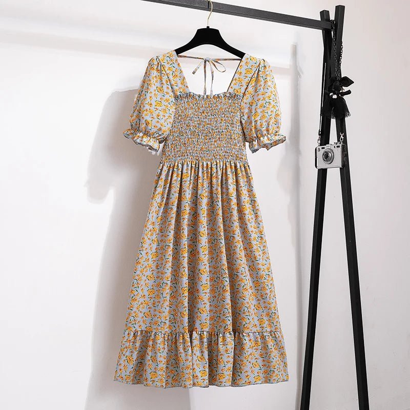 Summer Pleated Women Chiffon Dresses Casual Beach Holiday Short Sleeve Square Collar Woman Midi Dress Bohemian Mujer Vestidos - flohmarkt-deutschland.shop