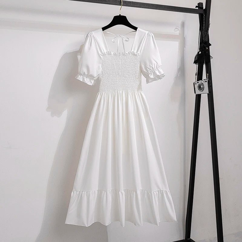 Summer Pleated Women Chiffon Dresses Casual Beach Holiday Short Sleeve Square Collar Woman Midi Dress Bohemian Mujer Vestidos - flohmarkt-deutschland.shop