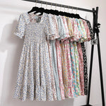 Summer Pleated Women Chiffon Dresses Casual Beach Holiday Short Sleeve Square Collar Woman Midi Dress Bohemian Mujer Vestidos - flohmarkt-deutschland.shop