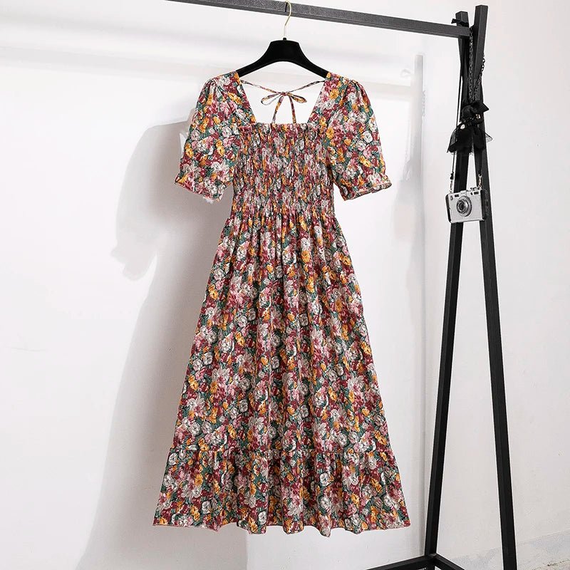 Summer Pleated Women Chiffon Dresses Casual Beach Holiday Short Sleeve Square Collar Woman Midi Dress Bohemian Mujer Vestidos - flohmarkt-deutschland.shop