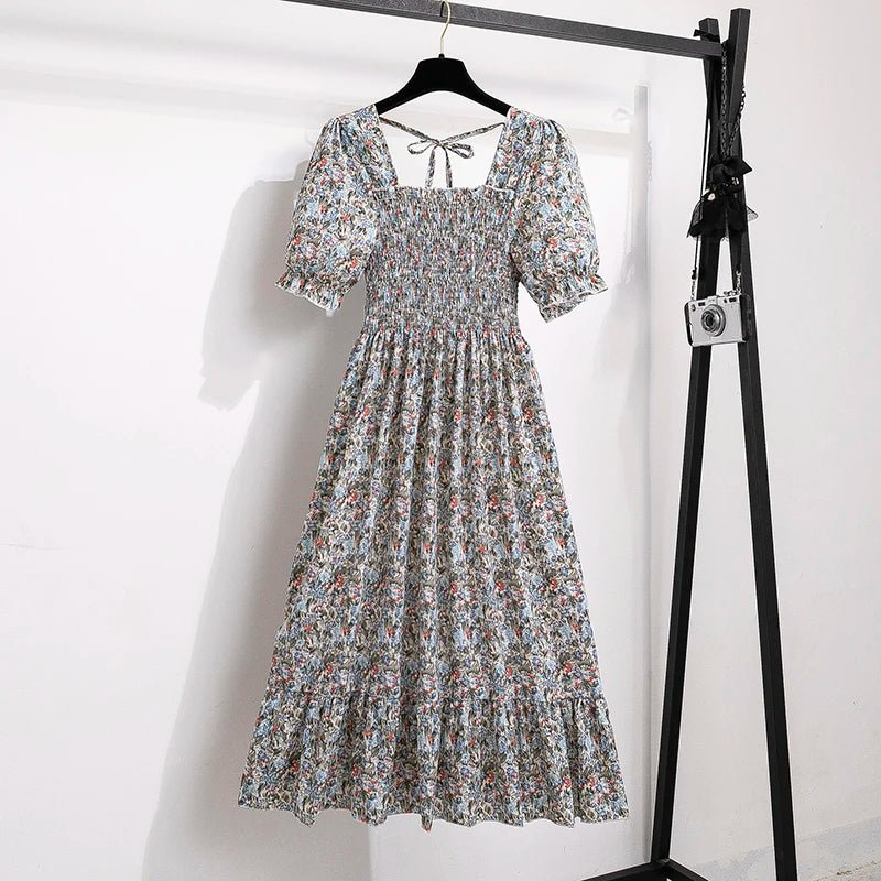 Summer Pleated Women Chiffon Dresses Casual Beach Holiday Short Sleeve Square Collar Woman Midi Dress Bohemian Mujer Vestidos - flohmarkt-deutschland.shop