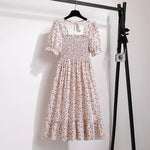 Summer Pleated Women Chiffon Dresses Casual Beach Holiday Short Sleeve Square Collar Woman Midi Dress Bohemian Mujer Vestidos - flohmarkt-deutschland.shop