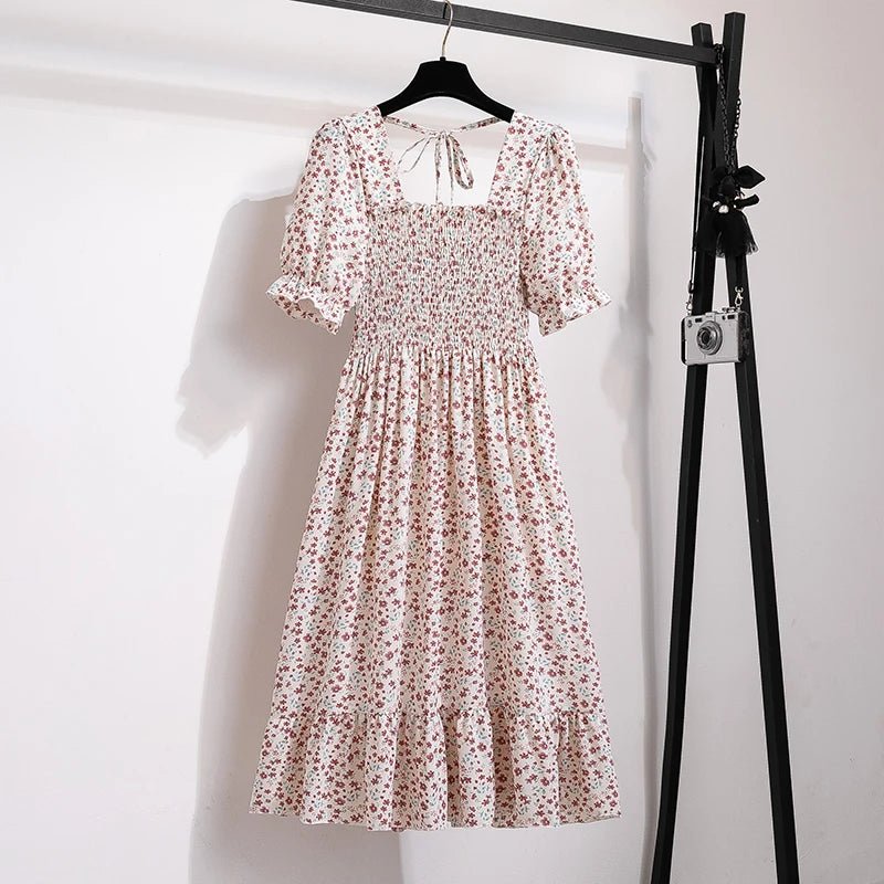 Summer Pleated Women Chiffon Dresses Casual Beach Holiday Short Sleeve Square Collar Woman Midi Dress Bohemian Mujer Vestidos - flohmarkt-deutschland.shop