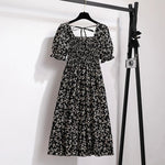 Summer Pleated Women Chiffon Dresses Casual Beach Holiday Short Sleeve Square Collar Woman Midi Dress Bohemian Mujer Vestidos - flohmarkt-deutschland.shop