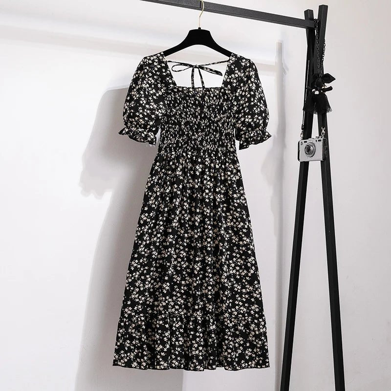Summer Pleated Women Chiffon Dresses Casual Beach Holiday Short Sleeve Square Collar Woman Midi Dress Bohemian Mujer Vestidos - flohmarkt-deutschland.shop