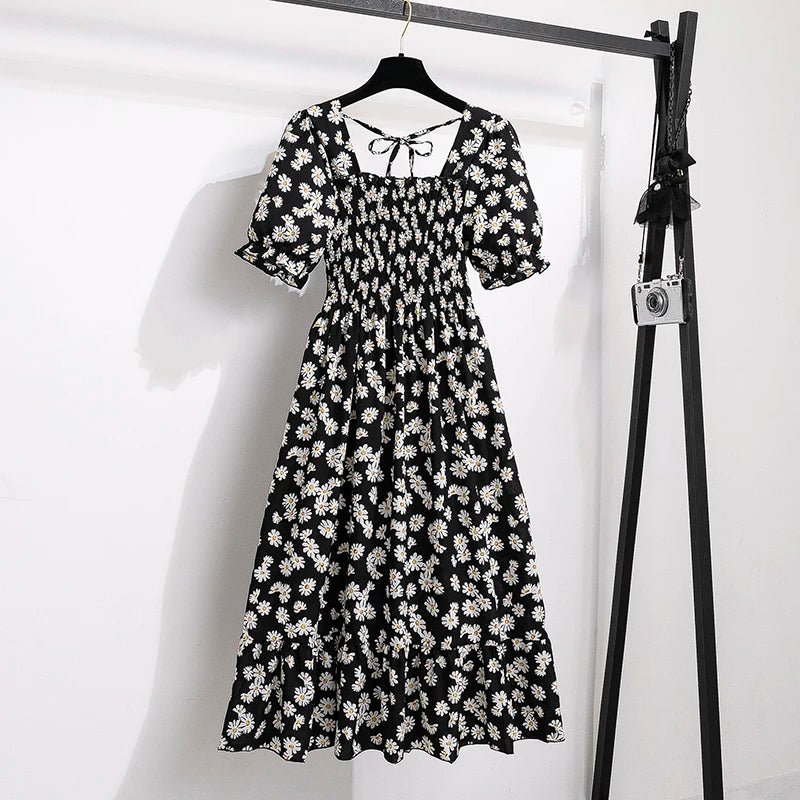 Summer Pleated Women Chiffon Dresses Casual Beach Holiday Short Sleeve Square Collar Woman Midi Dress Bohemian Mujer Vestidos - flohmarkt-deutschland.shop