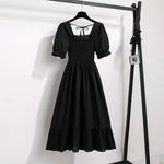 Summer Pleated Women Chiffon Dresses Casual Beach Holiday Short Sleeve Square Collar Woman Midi Dress Bohemian Mujer Vestidos - flohmarkt-deutschland.shop