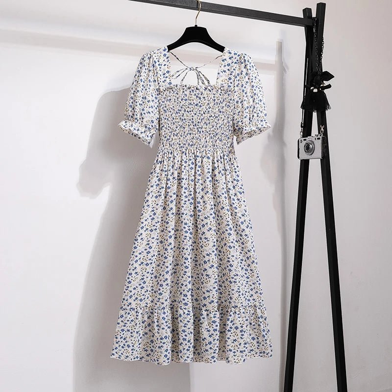 Summer Pleated Women Chiffon Dresses Casual Beach Holiday Short Sleeve Square Collar Woman Midi Dress Bohemian Mujer Vestidos - flohmarkt-deutschland.shop
