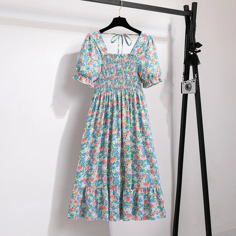 Summer Pleated Women Chiffon Dresses Casual Beach Holiday Short Sleeve Square Collar Woman Midi Dress Bohemian Mujer Vestidos - flohmarkt-deutschland.shop