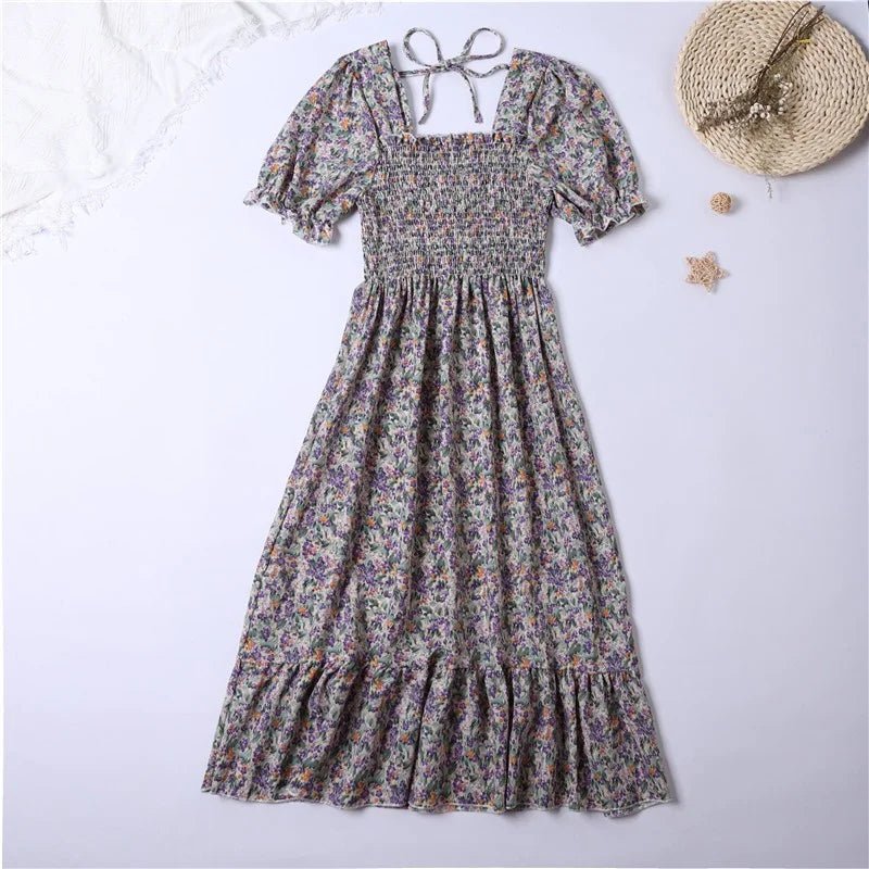 Summer Pleated Women Chiffon Dresses Casual Beach Holiday Short Sleeve Square Collar Woman Midi Dress Bohemian Mujer Vestidos - flohmarkt-deutschland.shop