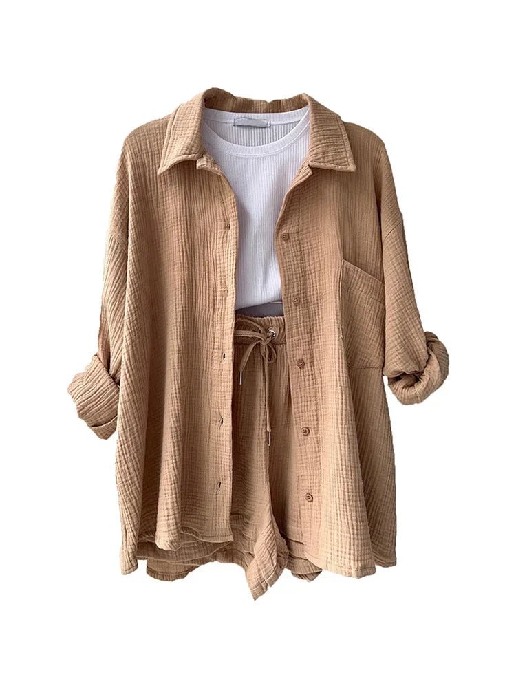Summer Women's Suit Short Sets Outfits Muslin Suit For Women 2025 Two Piece Female Clothing Solid Button Outfits - flohmarkt-deutschland.shop