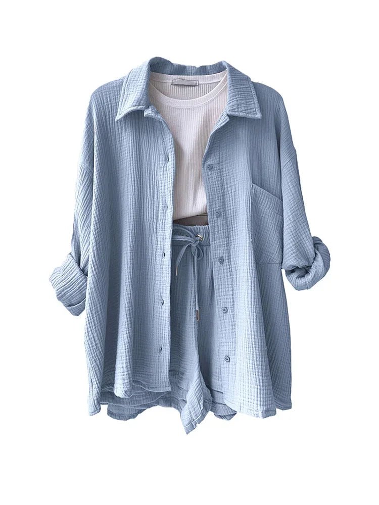 Summer Women's Suit Short Sets Outfits Muslin Suit For Women 2025 Two Piece Female Clothing Solid Button Outfits - flohmarkt-deutschland.shop
