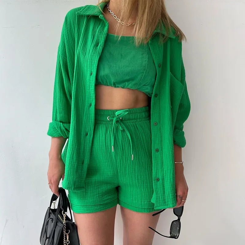 Summer Women's Suit Short Sets Outfits Muslin Suit For Women 2025 Two Piece Female Clothing Solid Button Outfits - flohmarkt-deutschland.shop