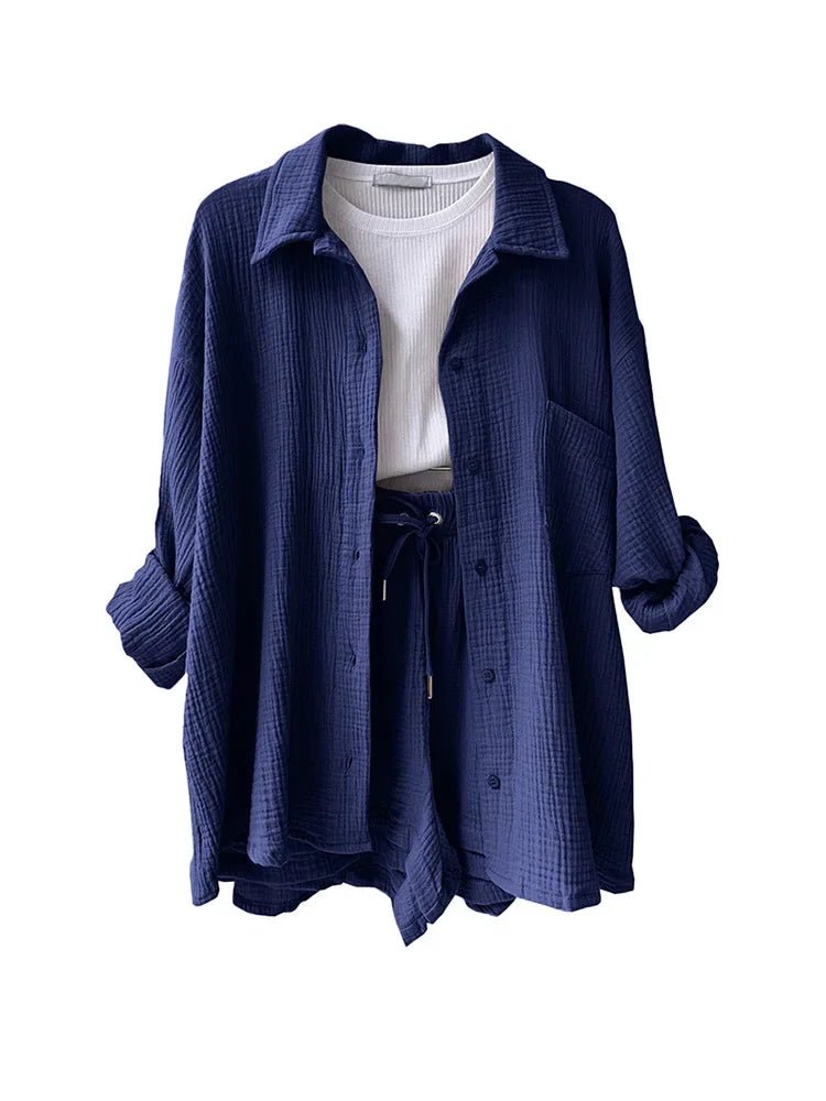 Summer Women's Suit Short Sets Outfits Muslin Suit For Women 2025 Two Piece Female Clothing Solid Button Outfits - flohmarkt-deutschland.shop