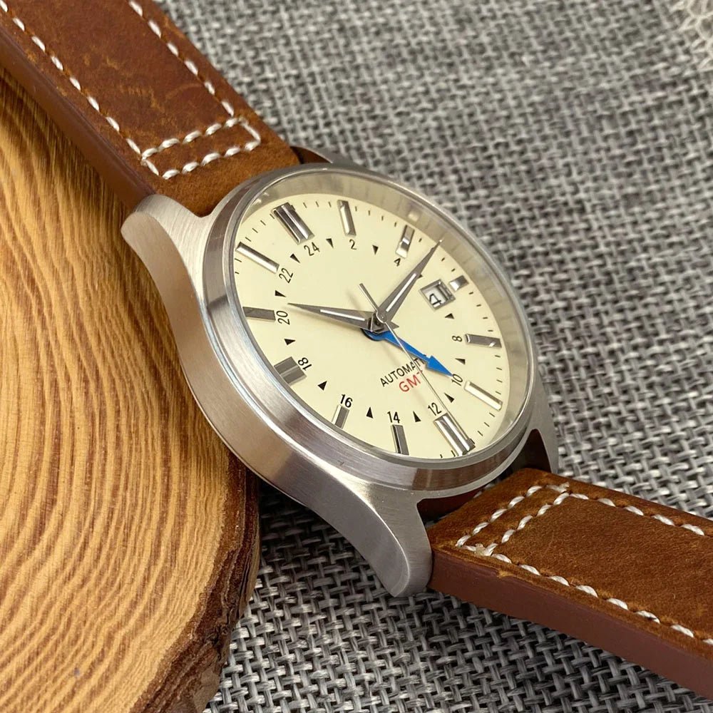 Tandorio Japan NH34 automatische mechanische Uhr für Herren, Taucher-GMT-Uhrwerk, 200 m wasserdicht, 39 mm Saphirglas-Lederband - flohmarkt-deutschland.shop