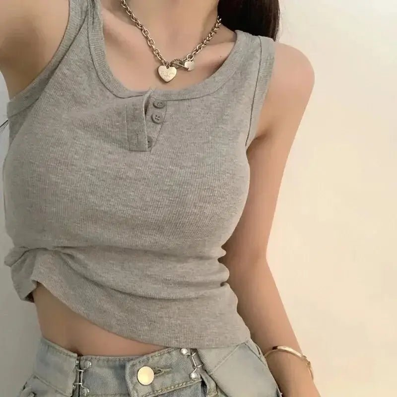 Tank-Top für Damen, gerippt, mit Knopfleiste, ärmellose Bluse, einfarbig, lässig, für Damen und Teenager, trendige Basic-Sommerkleider - flohmarkt-deutschland.shop