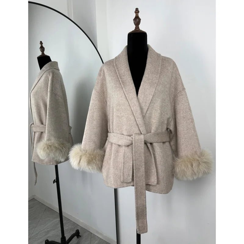 TARUXY Fuchspelz-Wollmäntel für Damen, kurzer Mantel, Bürodame, abnehmbarer, eleganter doppelseitiger Wollmantel, 2025, neue Strickjacke - flohmarkt-deutschland.shop