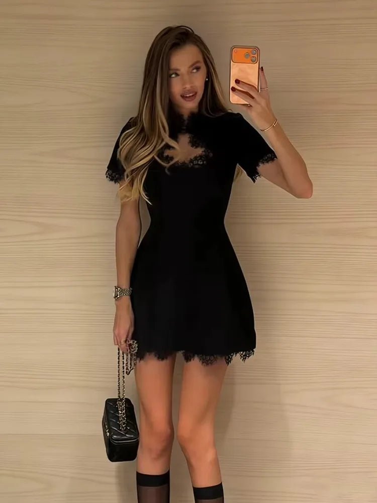 Tossy Black Lace Hollow Out Mini Dress Female Patchwork Short Sleeve Sexy High Waist Party Dress Women's Casual Printed Dress - flohmarkt-deutschland.shop
